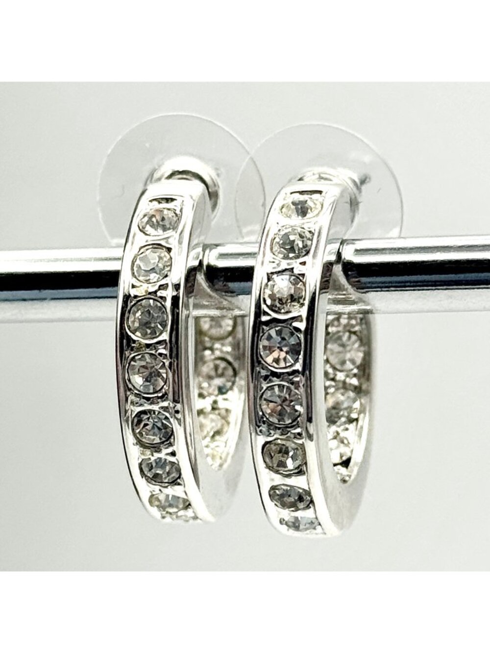 Channel Set Crystal Hoop Earrings Pierced Silver Tone Rhinestone Rhodium Plated - Picture 6 of 9
